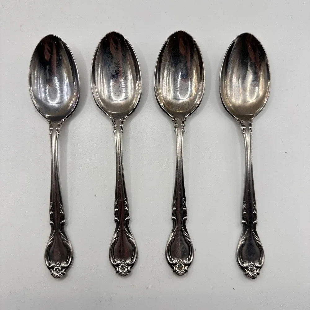 Lyon Stainless Queen's Fancy Teaspoons‎ Set of 4 Floral Flatware Silverware